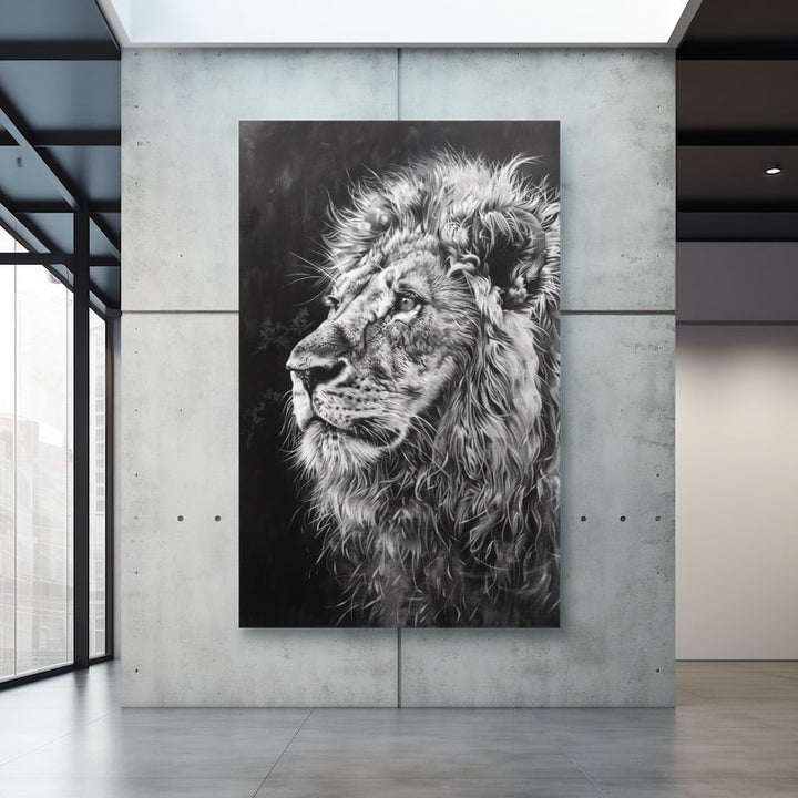 Peinture Tête de Lion Noir et Blanc, art mural décoration nature