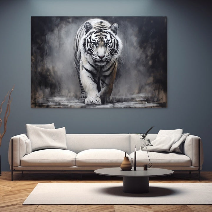 Peinture Tigre Noir et Blanc, art mural décoration nature