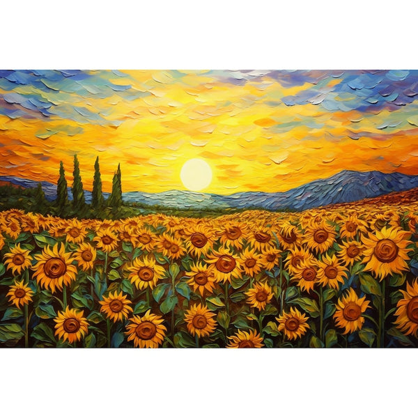 Peinture acrylique texturée de tournesols jaunes face à un soleil blanc, collines bleutées à l'horizon