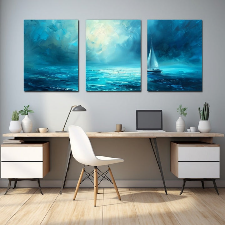 Peinture Triptyque Mer, art mural décoration nature