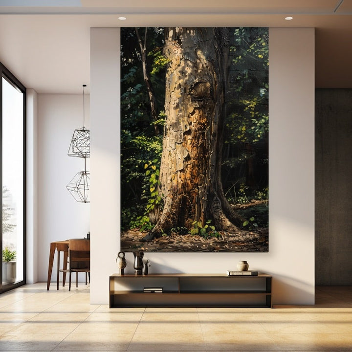 Tableau d'un tronc d'arbre à l'écorce écaillée dans un sous-bois ensoleillé, feuillages verts et sol brun