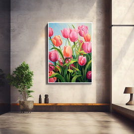 Peinture Bouquet de Tulipes Roses et Corail, art mural décoration nature