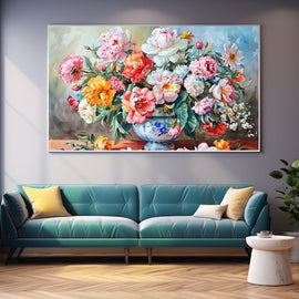 Peinture Fleurs dans un Vase Bleu, Pivoines Colorées, art mural décoration nature