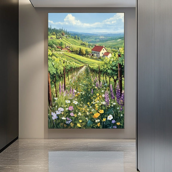 Peinture de Vigne Fleurie et Maison de Campagne, art mural décoration nature