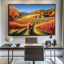 Peinture Vignoble Doré sous Ciel Bleu, art mural décoration nature