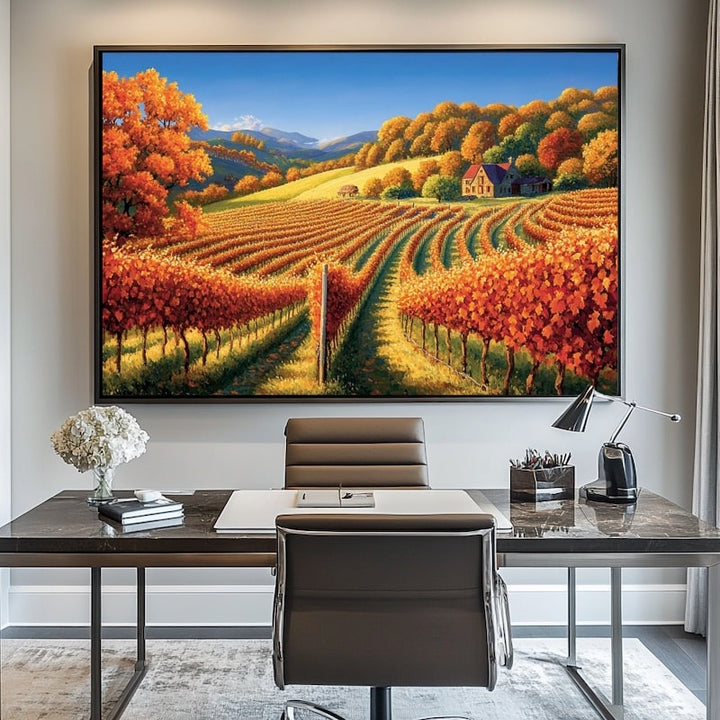 Peinture Vignoble Doré sous Ciel Bleu, art mural décoration nature