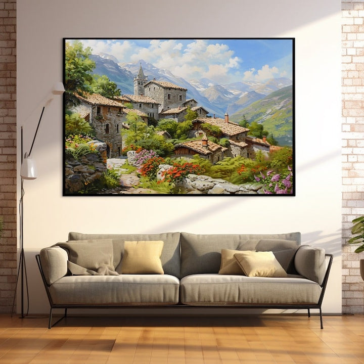 Peinture Village de Montagne, art mural décoration nature