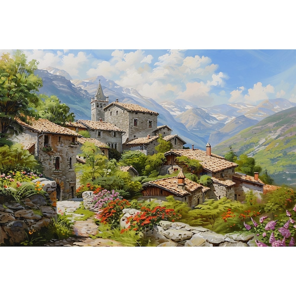 Peinture Village de Montagne, art mural décoration nature