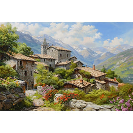 Peinture Village de Montagne, art mural décoration nature
