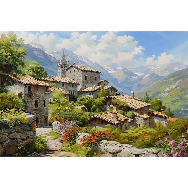 Peinture Village de Montagne, art mural décoration nature