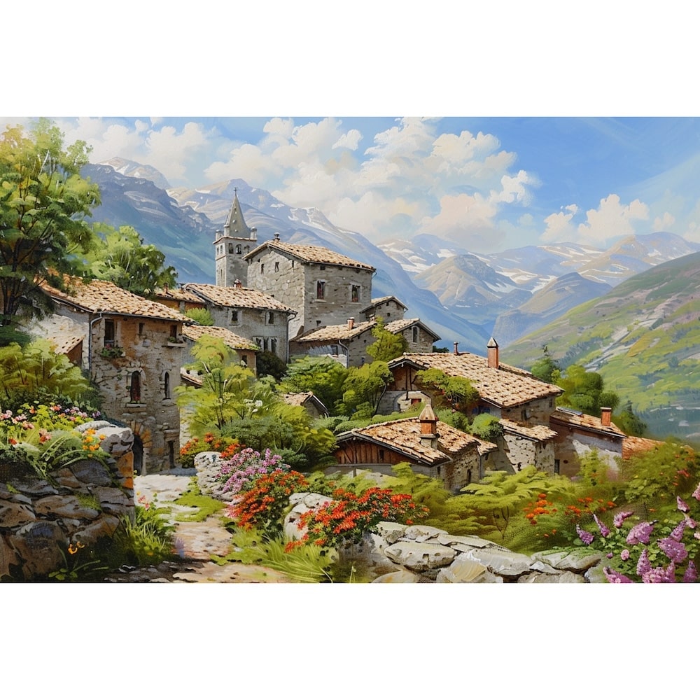 Peinture Village Montagne