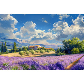 Peinture d'un paysage de Provence, rangées de lavande, oliviers argentés et collines bleutées au loin