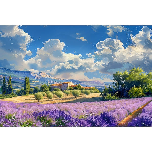 Peinture d'un paysage de Provence, rangées de lavande, oliviers argentés et collines bleutées au loin