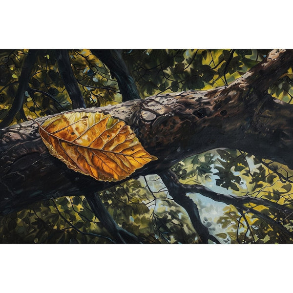 Peinture Feuille Jaune sur Branche, art mural décoration nature