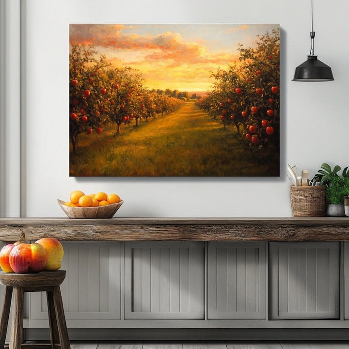 Peinture Verger au Soleil Couchant, art mural décoration nature
