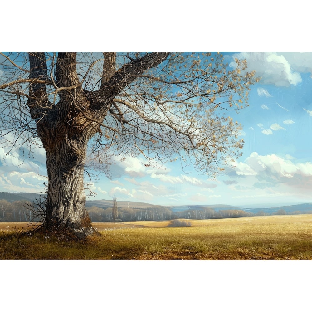 Peinture Arbre Dénudé dans un Champ Doré, art mural décoration nature