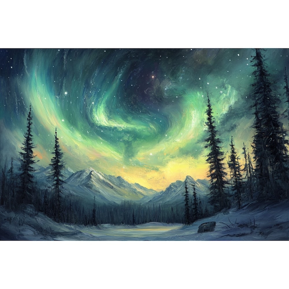 Peinture Aurore Boréale Verte, art mural décoration nature
