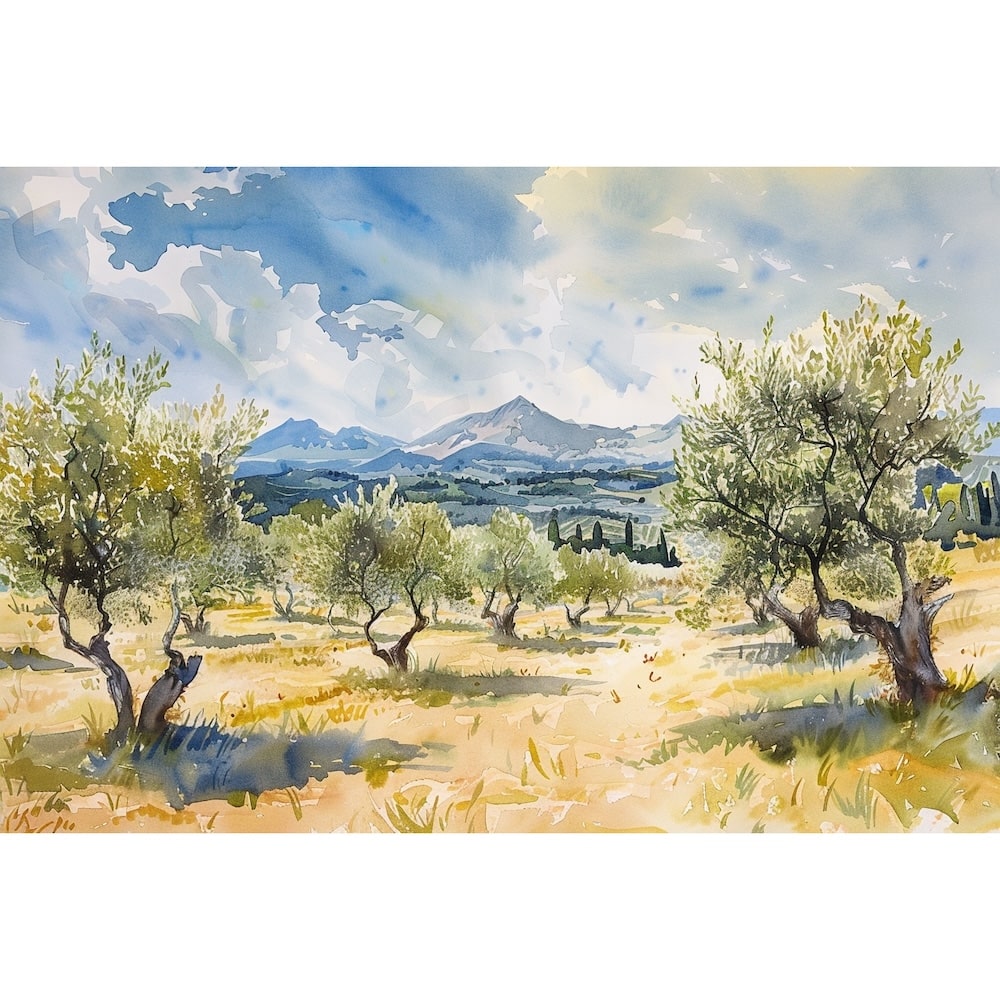 Peinture d'oliviers aux troncs noueux dans un champ ocre, sommets bleutés et nuages blancs à l'aquarelle