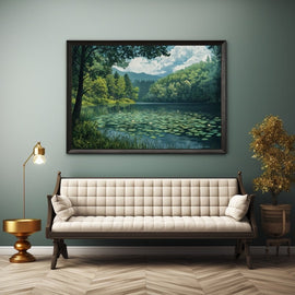 Peinture d'un Lac Forestier aux Nénuphars Bordé de Forêt, art mural décoration nature