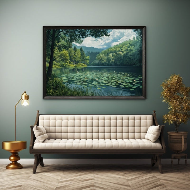 Peinture d'un Lac Forestier aux Nénuphars Bordé de Forêt, art mural décoration nature