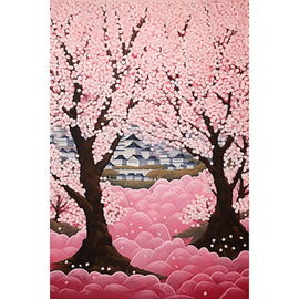 Peinture japonisante aux cerisiers roses, château aux toits sombres et vagues de fleurs framboise en bas