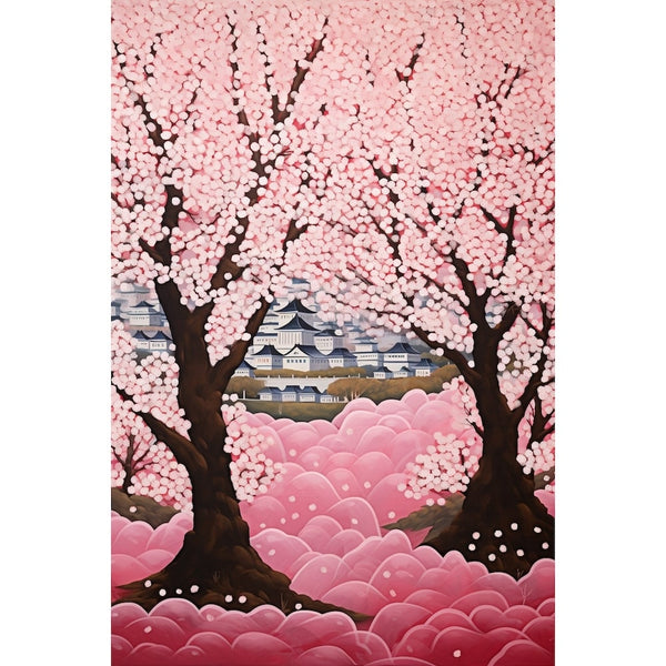 Peinture japonisante aux cerisiers roses, château aux toits sombres et vagues de fleurs framboise en bas