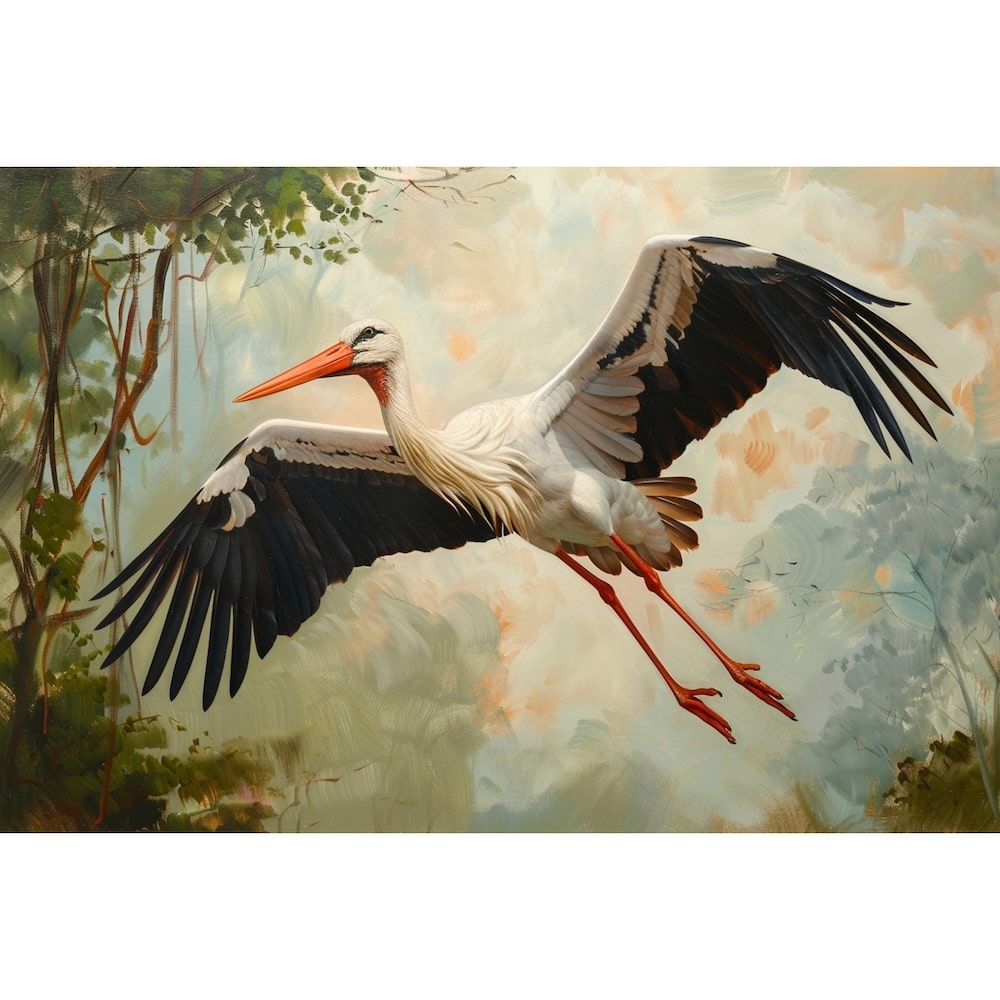 Peinture Cigogne, art mural décoration nature, vue 2