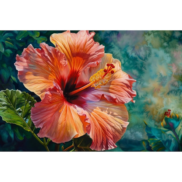 Peinture florale tropicale, pétales orangés nervurés et cœur rouge sombre sur fond vert turquoise vaporeux