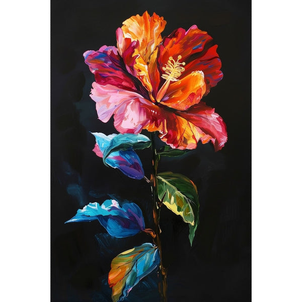 Tableau acrylique d'une grande fleur épanouie au long pistil doré, feuilles bleues et vertes sur fond noir