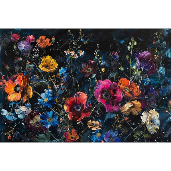Peinture florale contrastée, coquelicots et anémones aux tons vifs se détachant sur un fond noir