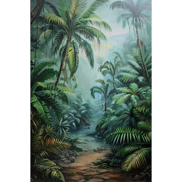 Peinture d'une forêt humide tropicale, frondes plumeuses, ruisseau serpentant et ciel pastel rose et bleu