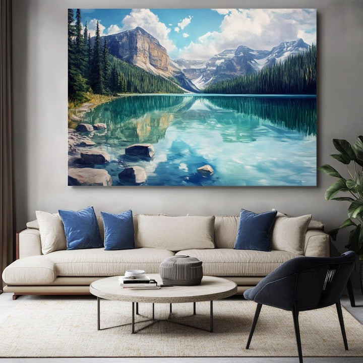 Peinture de Lac Alpin Miroir aux Montagnes Enneigées, art mural décoration nature