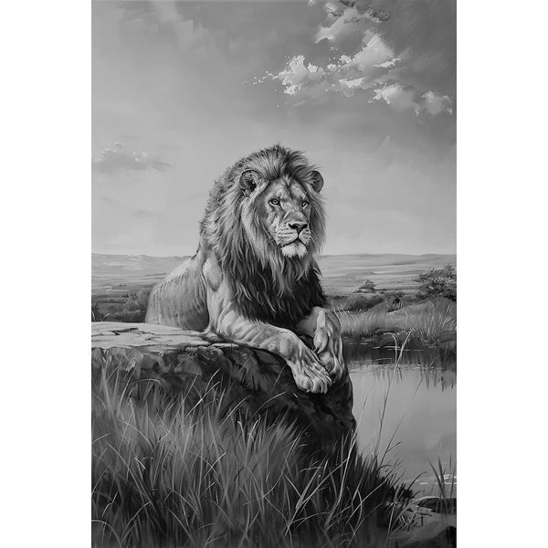 Peinture Lion Noir et Blanc, art mural décoration nature
