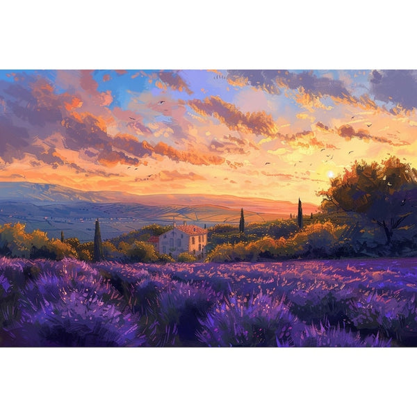 Peinture d'un paysage de Provence, lavandes mauves, cyprès, collines lointaines et nuages rose orangé