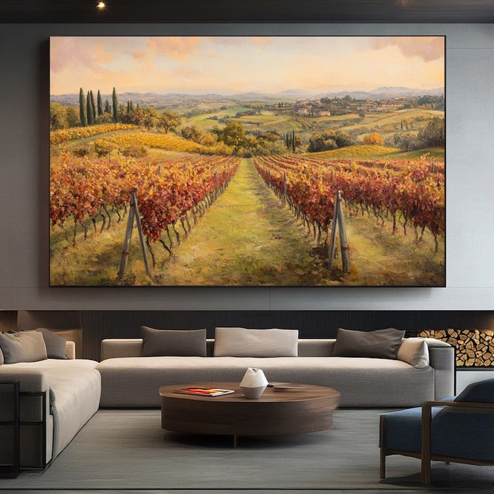 Peinture de Toscane, Vignoble d'Automne, art mural décoration nature