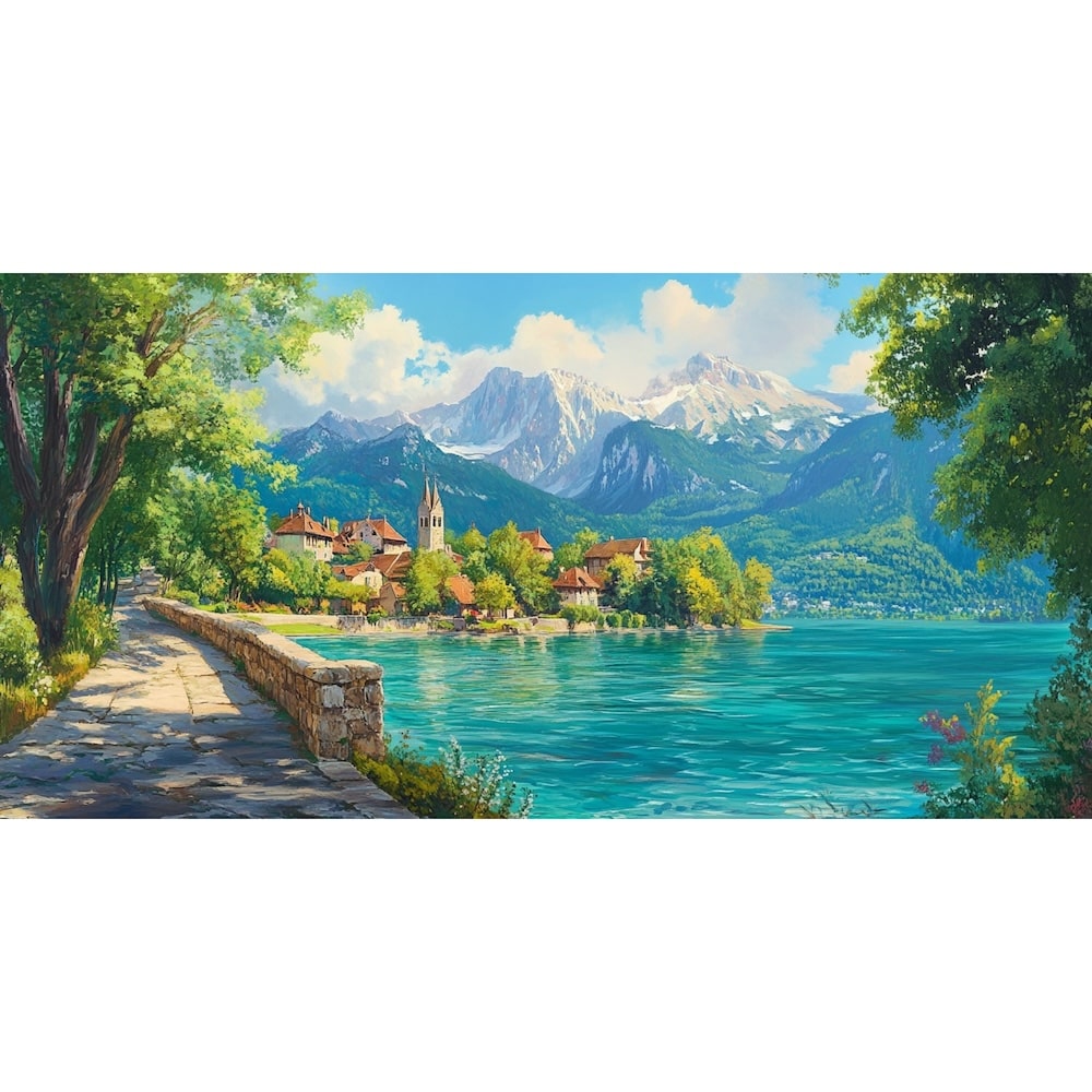 Peinture Lac Annecy et Village au Bord de l'Eau, art mural décoration nature