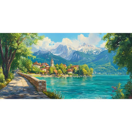 Peinture Lac Annecy et Village au Bord de l'Eau, art mural décoration nature