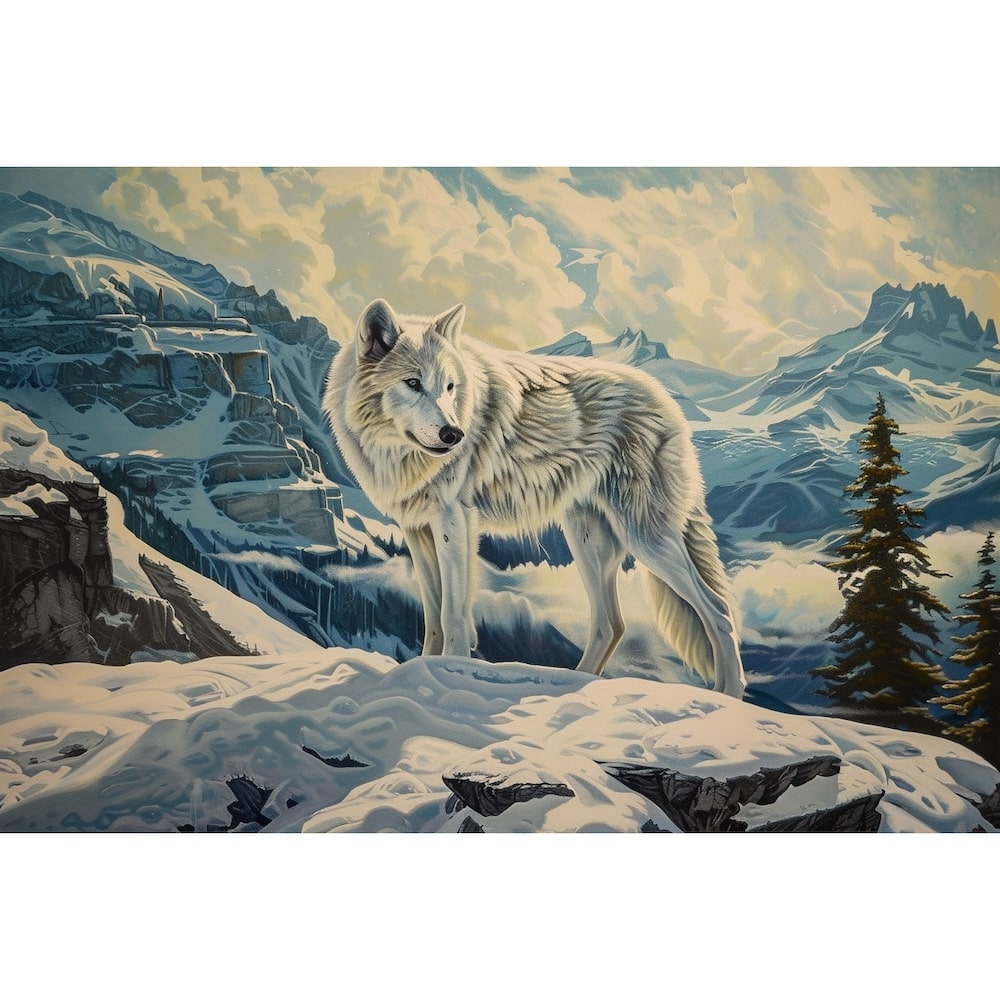 Peinture Loup Blanc dans la Neige, art mural décoration nature