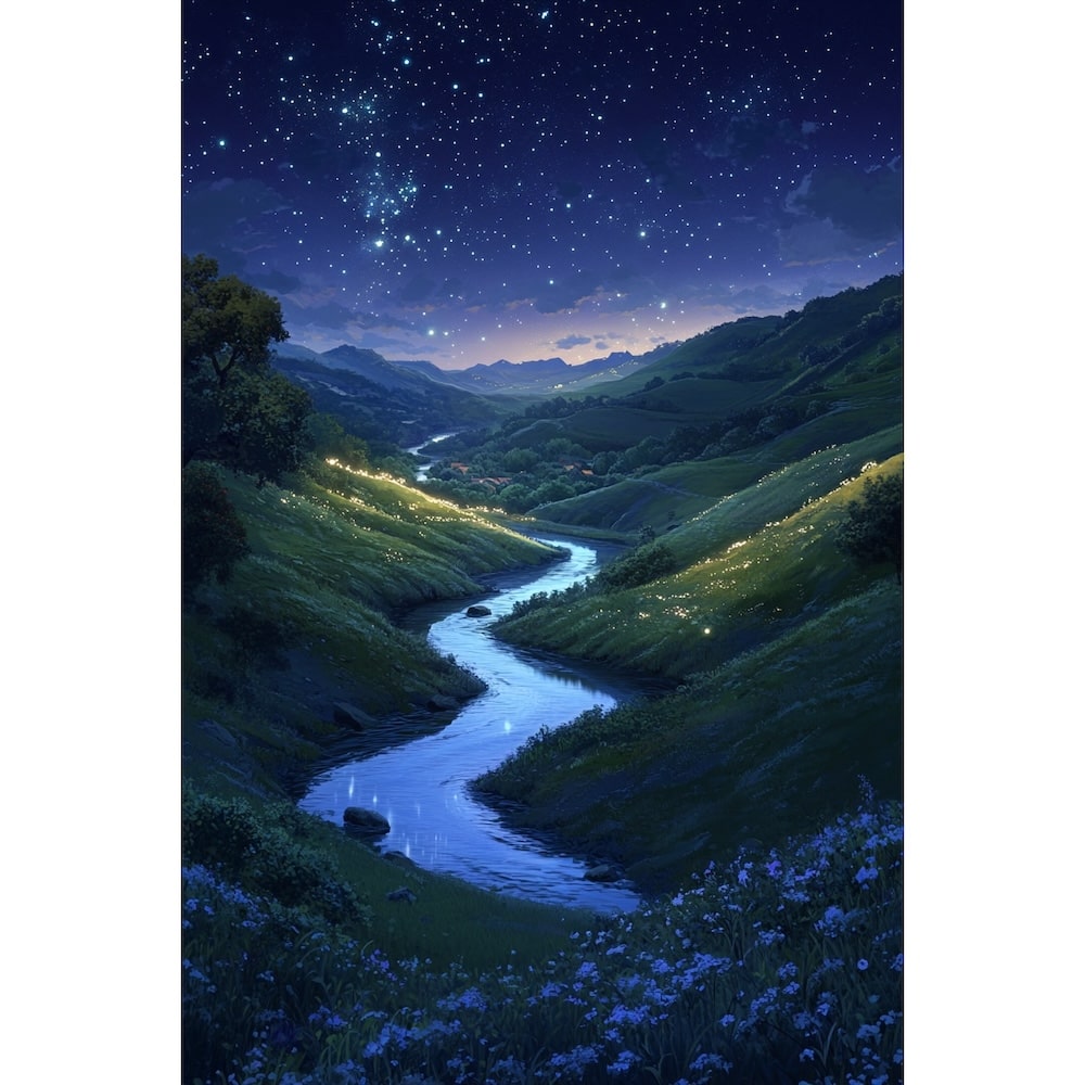 Peinture Vallée Étoilée la Nuit, art mural décoration nature