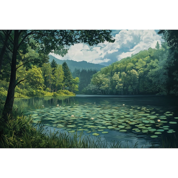 Peinture d'un Lac Forestier aux Nénuphars Bordé de Forêt, art mural décoration nature