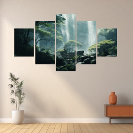 Tableau 5 Panneaux Cascade Zen, art mural décoration nature