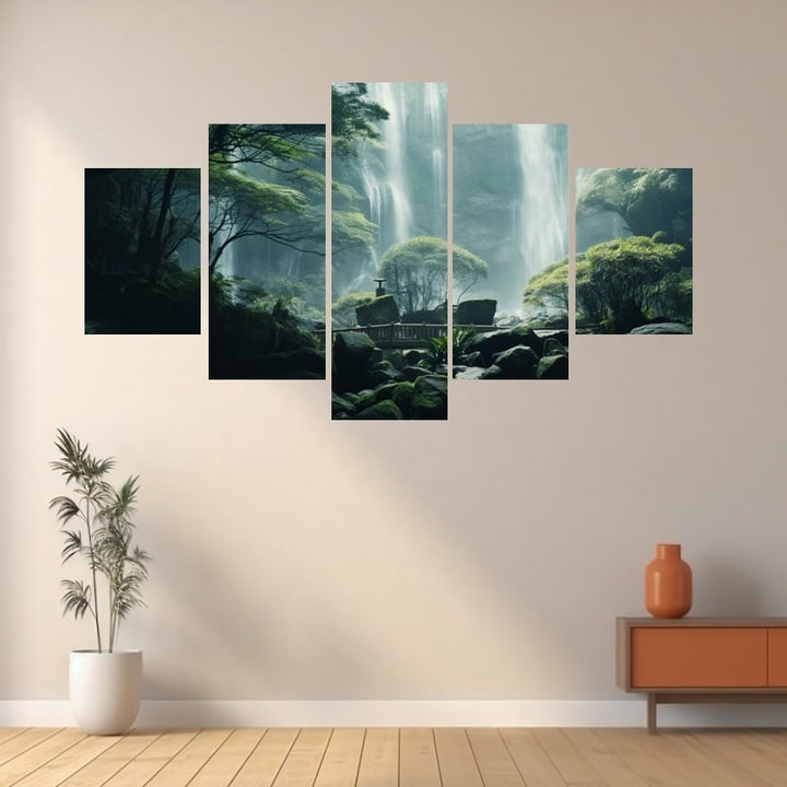 Tableau 5 Panneaux Cascade Zen, art mural décoration nature