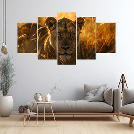 Tableau 5 Panneaux Lion, art mural décoration nature