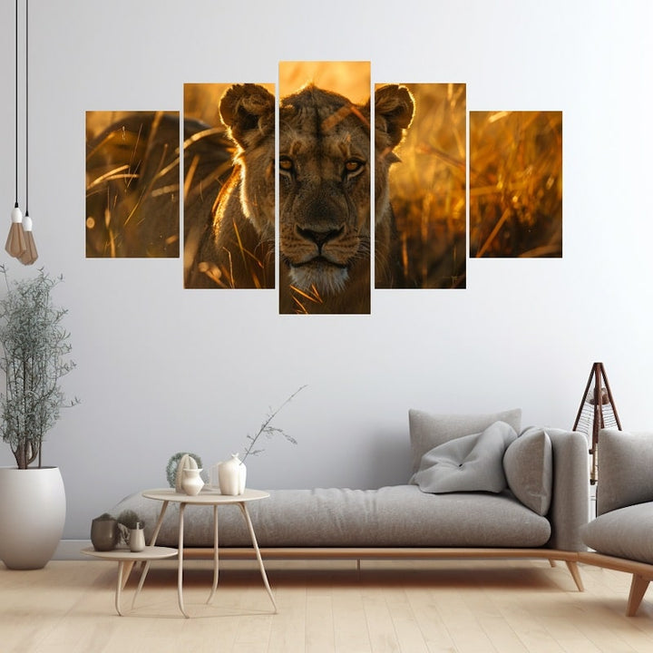 Tableau 5 Panneaux Lion, art mural décoration nature