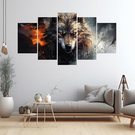 Tableau 5 Parties Loup, art mural décoration nature
