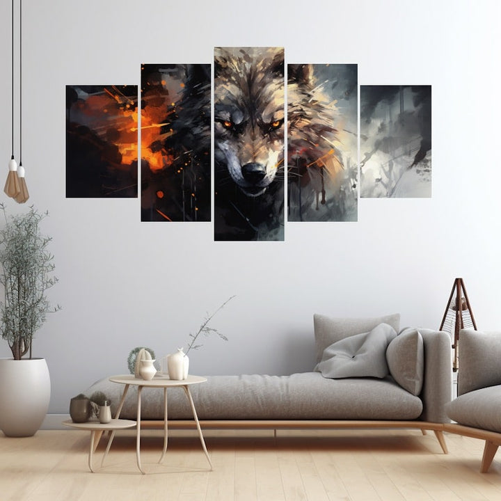 Tableau 5 Parties Loup, art mural décoration nature