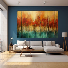 Tableau Abstrait Forêt aux Feuillages Embrasés sur Eau, art mural décoration nature