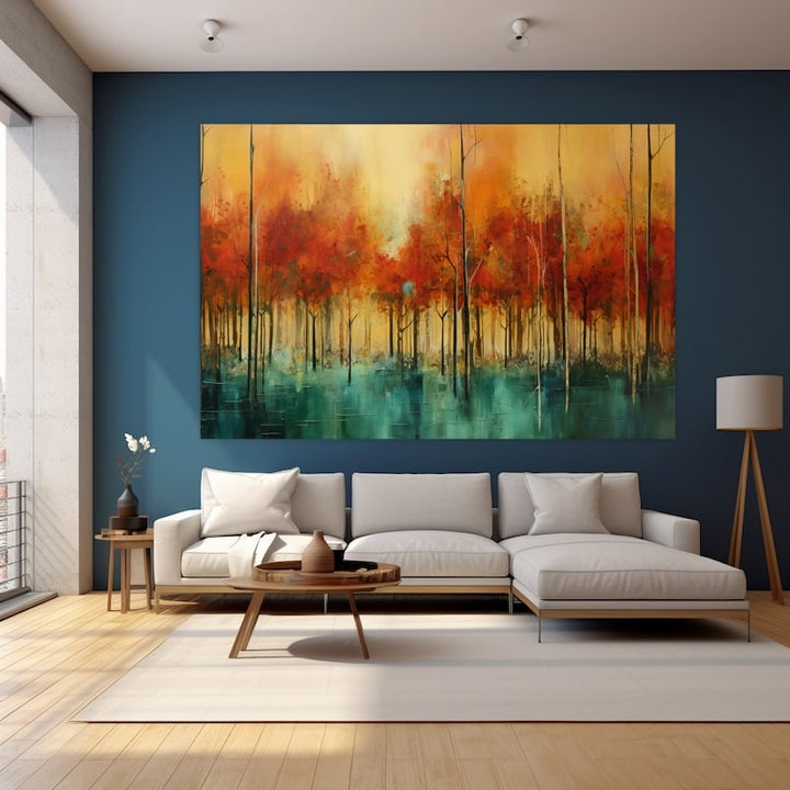Tableau Abstrait Forêt aux Feuillages Embrasés sur Eau, art mural décoration nature