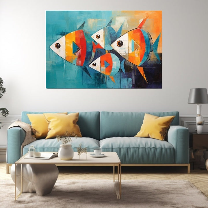 Tableau Abstrait Poissons Graphiques, art mural décoration nature