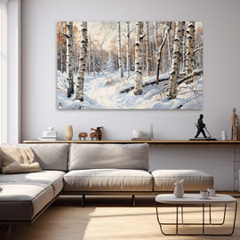 Tableau Acrylique Neige Bouleaux, art mural décoration nature